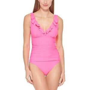 DKNY Women's Neon Pink Ruffle Plunge Underwire Tummy-Control Swimsuit Size 10